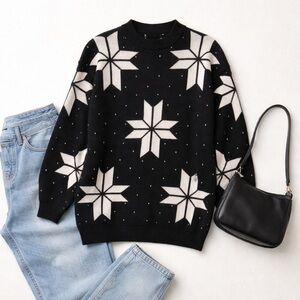 Vintage DVF Snowflake Sweater Black Knit Size 6 Cabincore Winter USA